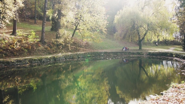 Senior father and his young son sitting on bench by lake in nature, talking. Slow motion.