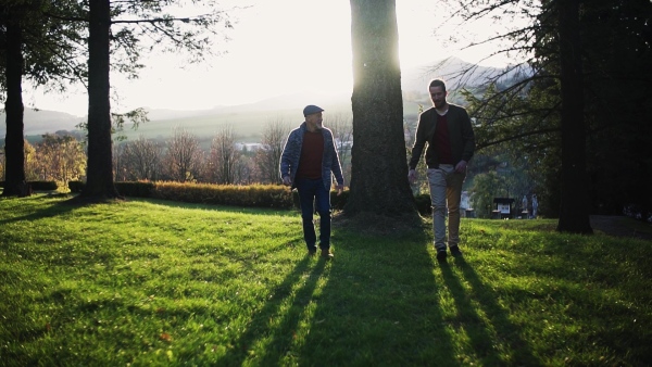 Senior father and his young son walking in nature, talking. Slow motion.