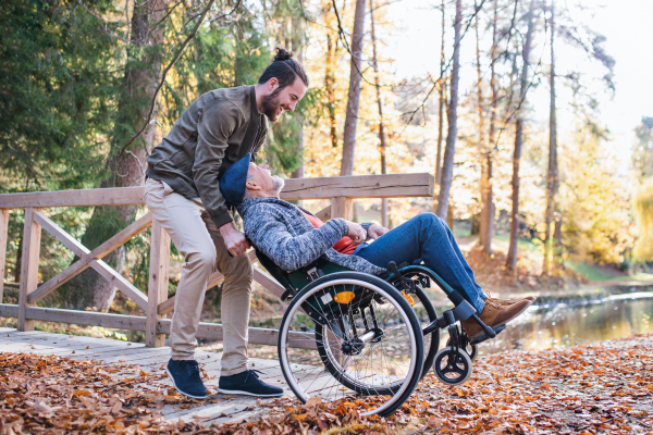 Senior father with wheelchair and his son on walk in nature, having fun.