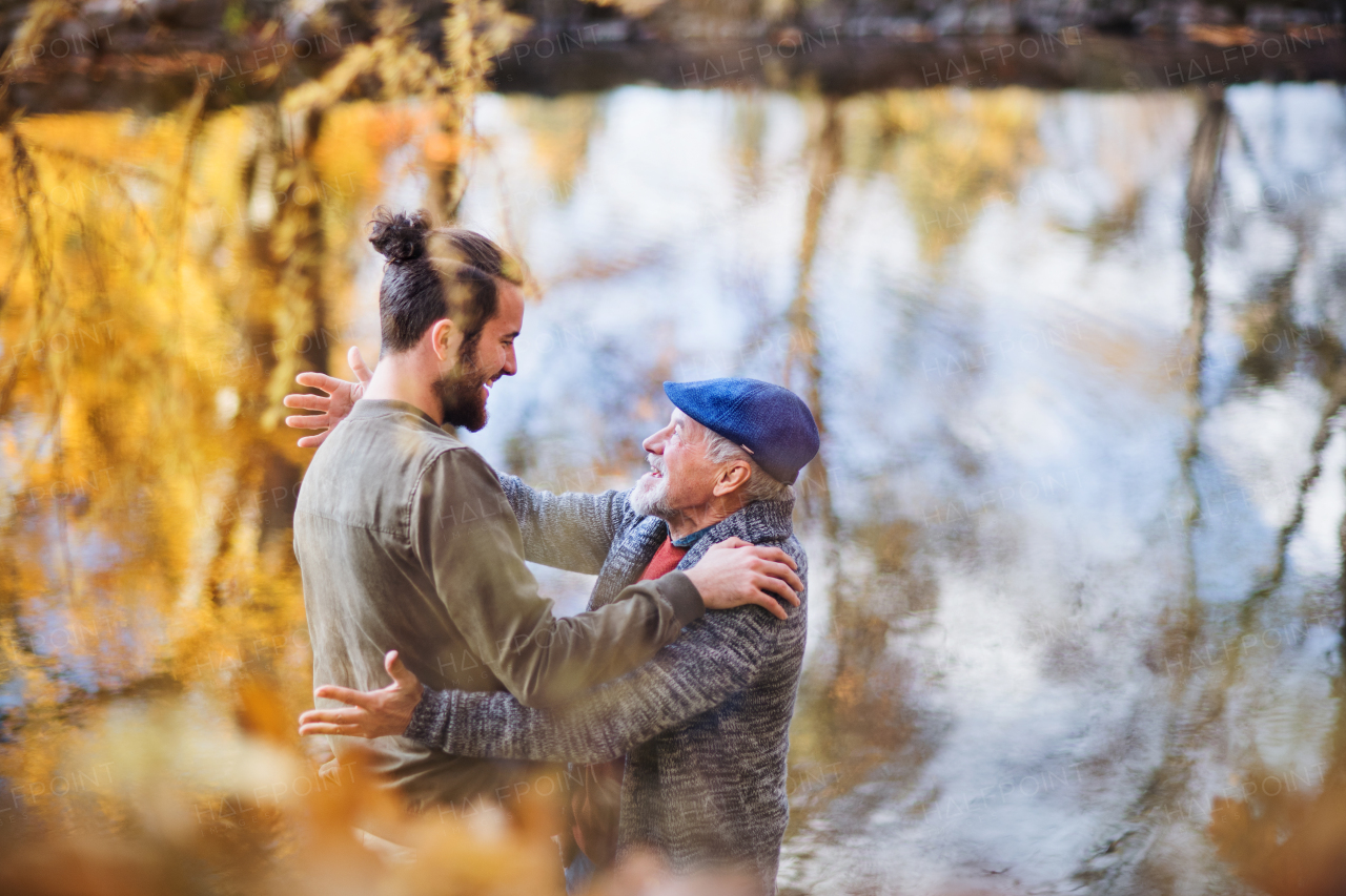 A high angle view of senior father and his son standing in nature, talking.