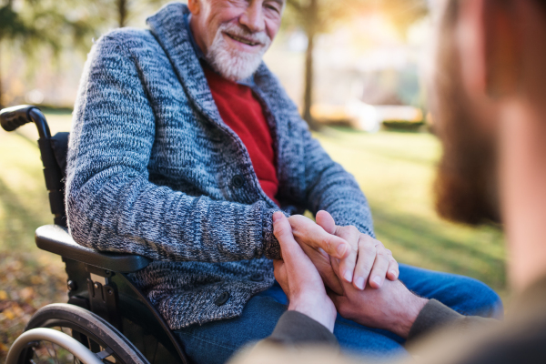 Midsection of senior father with wheelchair and his son on a walk in nature, holding hands.