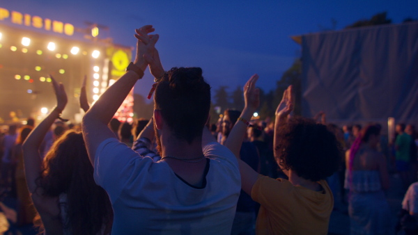 Rear view of group of unrecognizable young friends at summer festival.