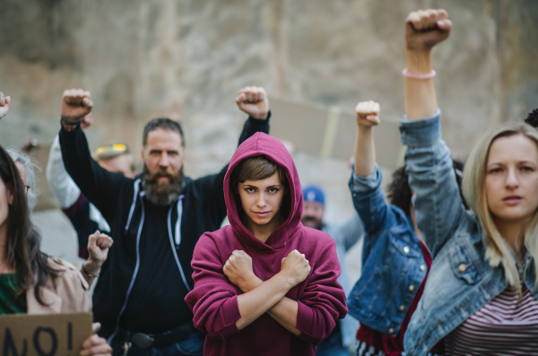 Portrait of group of people activists protesting on streets, women march and demonstration concept.