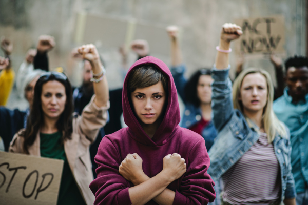 Portrait of group of people activists protesting on streets, women march and demonstration concept.