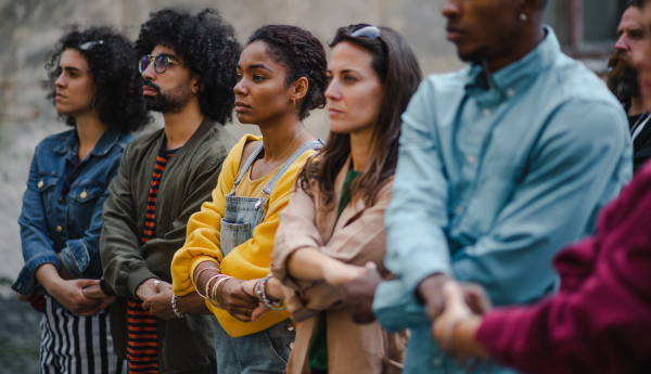 Portrait of group of people activists protesting on streets, women march and demonstration concept.