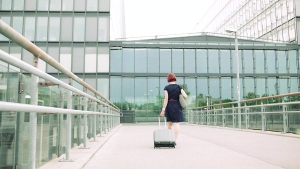 A rear view of young woman commuter with suitcase walking outdoors in city.