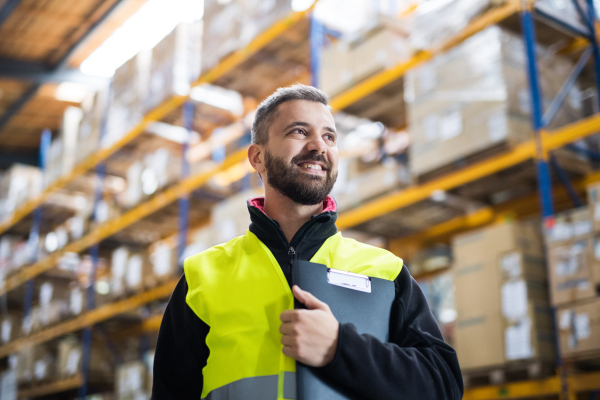 Portrait of a young male warehouse worker with clipboard.