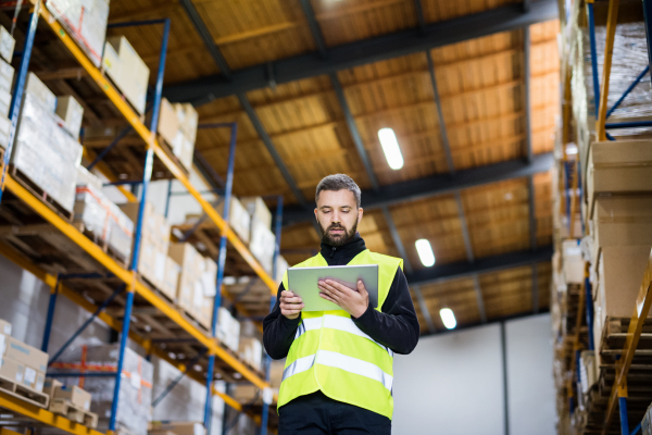 Young male warehouse worker with tablet, checking something.