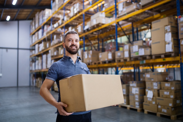 Young male warehouse worker or a supervisor holding a large box.