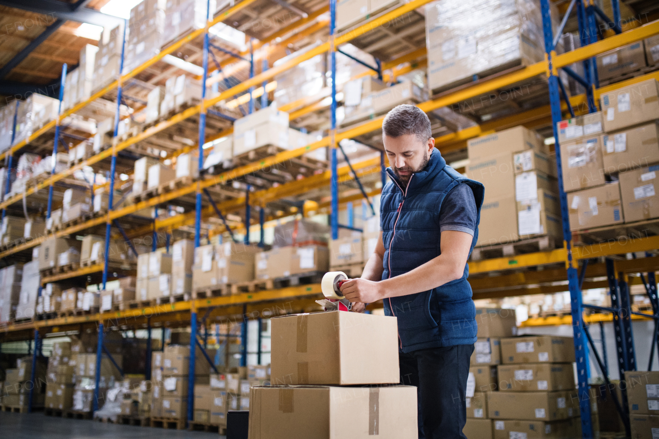 Male warehouse worker or a supercisor sealing cardboard boxes.