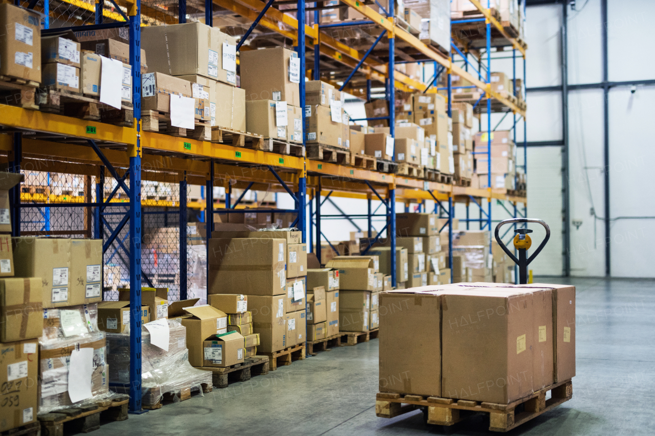 An interior of a warehouse with shelves and pallet truck.