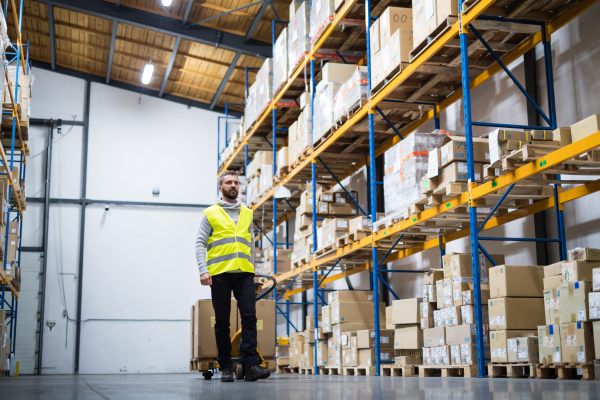 Young male warehouse worker pulling a pallet truck with boxes.