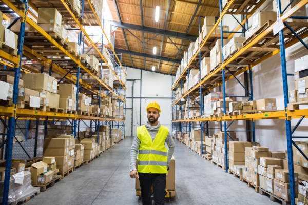 Young male warehouse worker pulling a pallet truck with boxes.