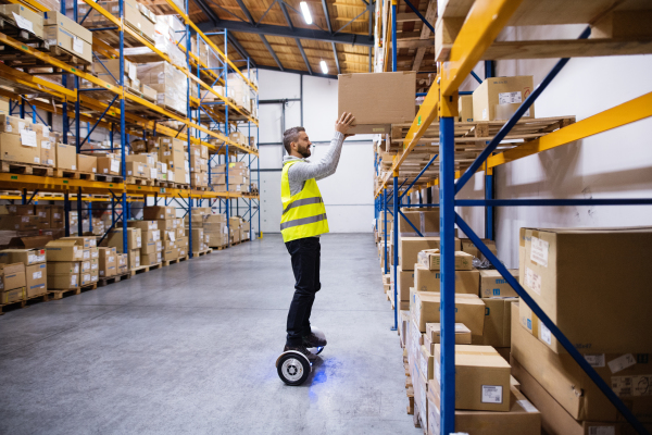 Male warehouse worker on hoverboard, putting a large box on a shelf.