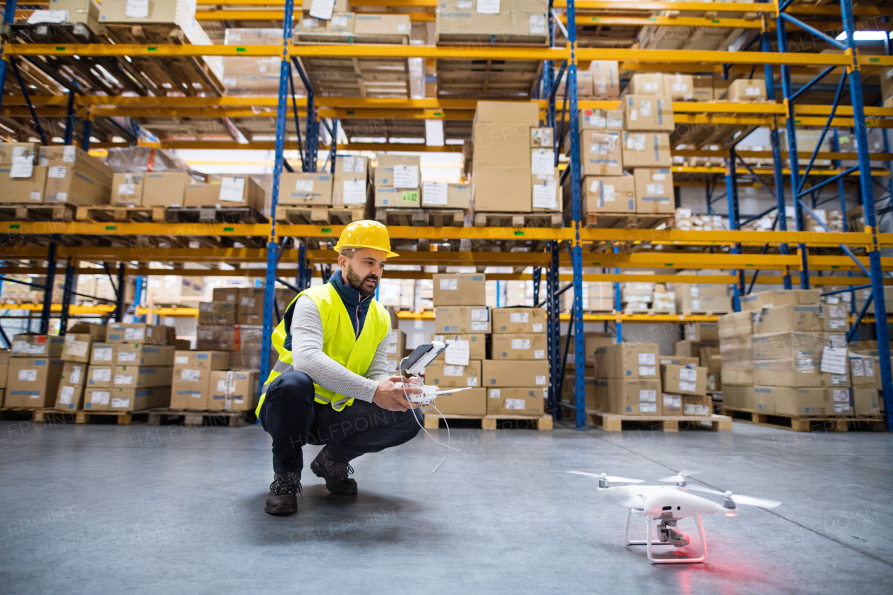 Man or a worker with drone in a warehouse.