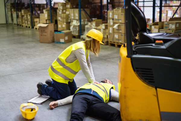 An accident in a warehouse. Woman performing cardiopulmonary resuscitation.