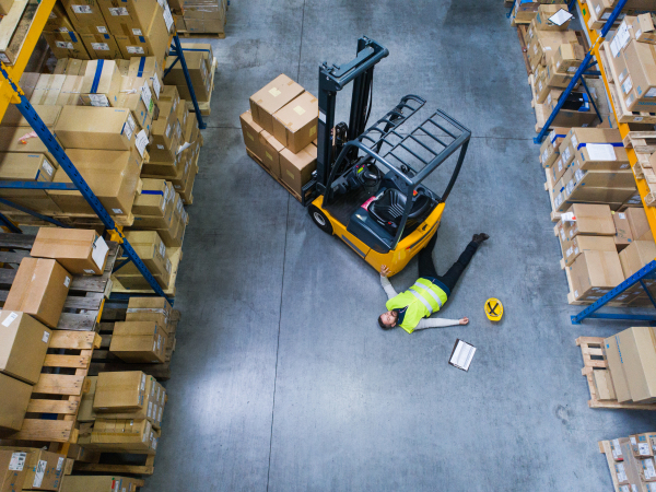 An accident in a warehouse. A man lying on the floor next to a forklift, unconscious. Aerial view.