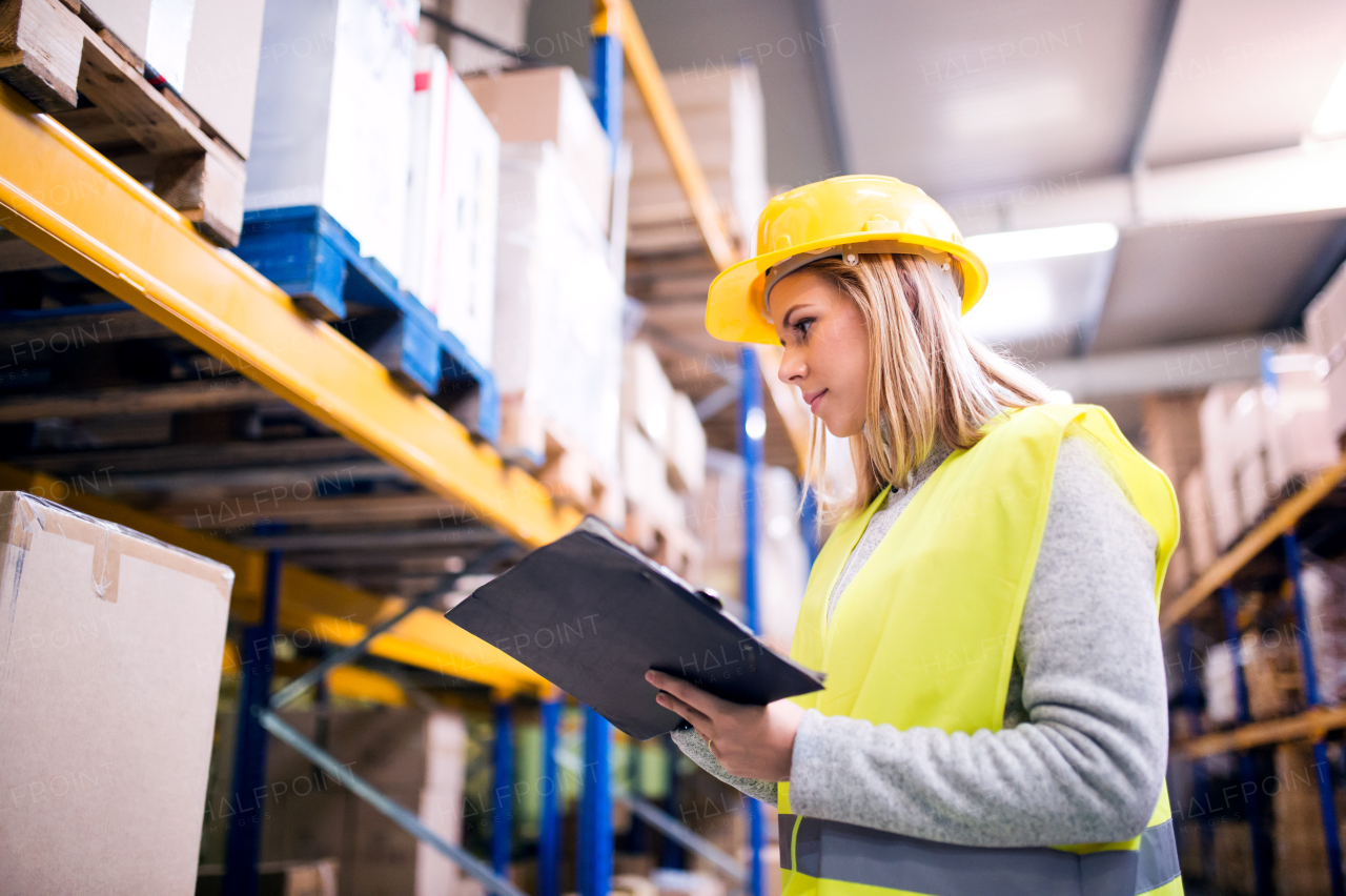 Young woman worker or supervisor with clipboard. Warehouse workers controlling stock.