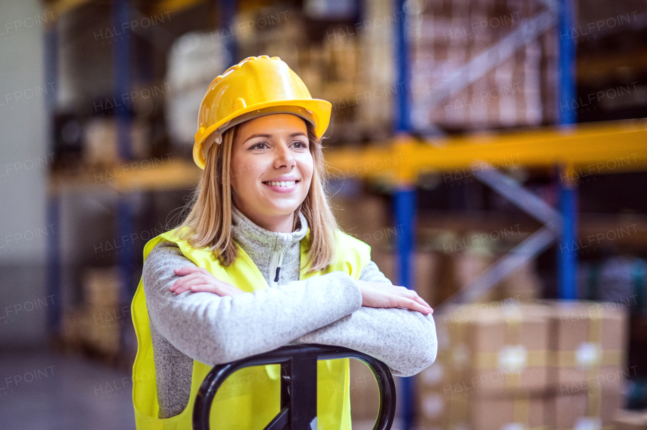 Portrait of a young woman warehouse worker or a supervisor.