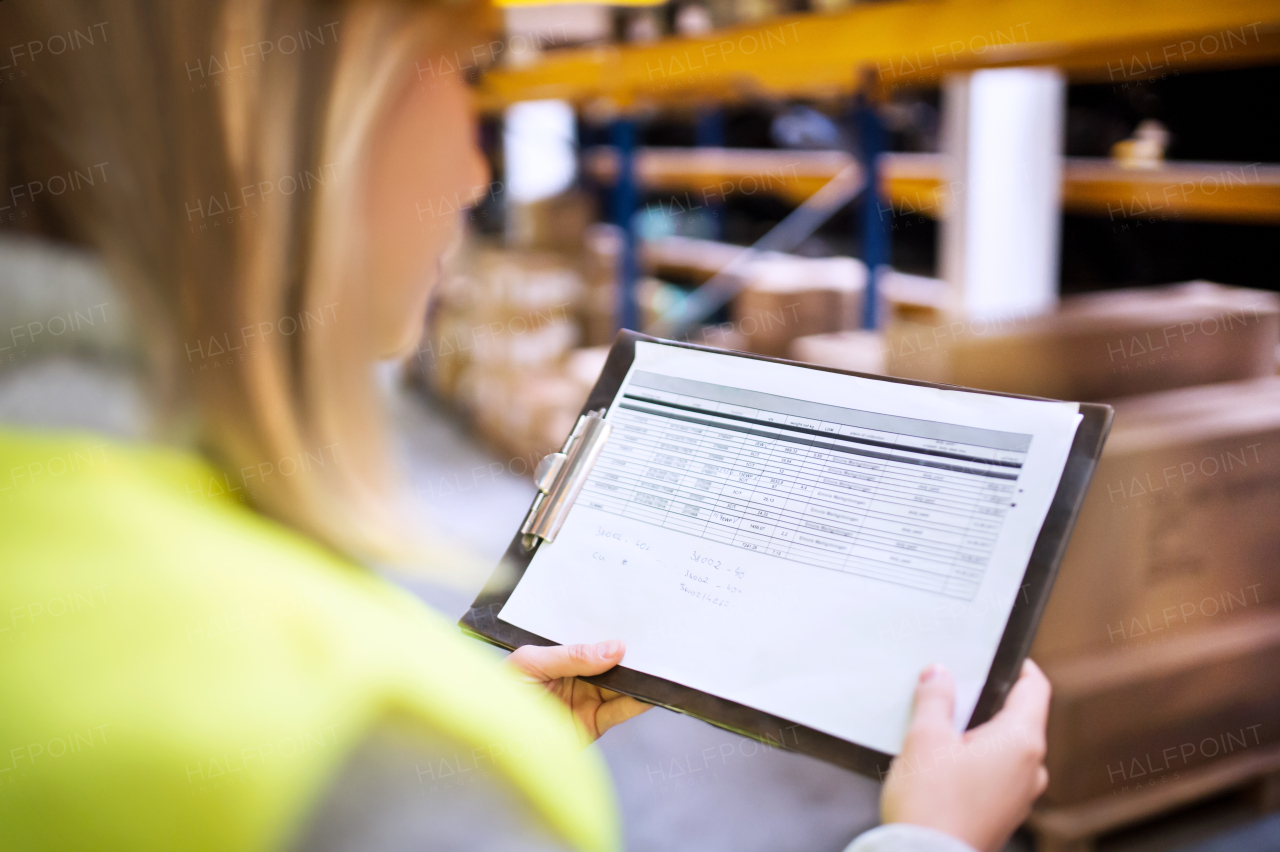 Young woman warehouse worker or a supervisor controlling stock.