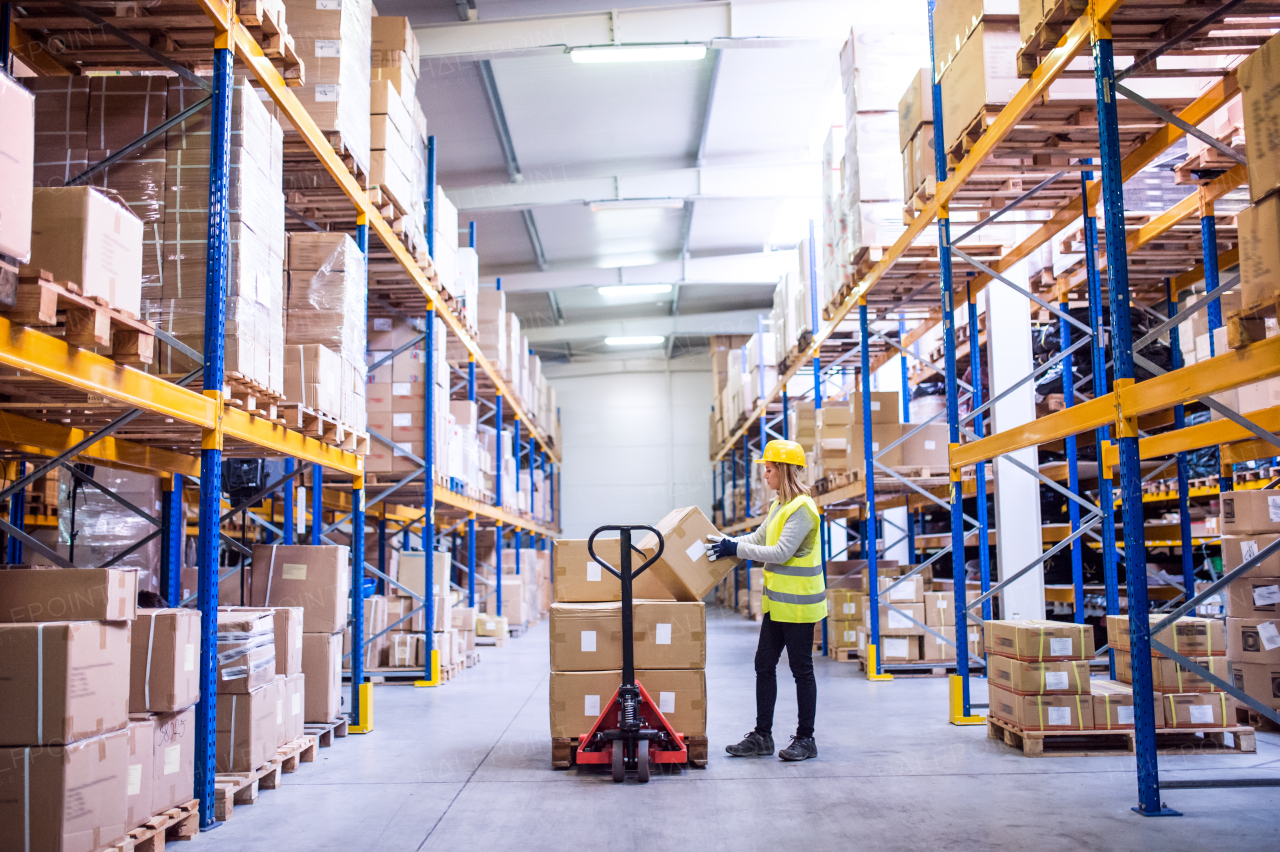 Young female warehouse worker loading up a pallet truck with boxes.