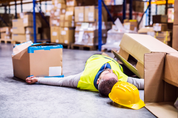 An accident in a warehouse. Man lying on the floor among boxes, unconscious.