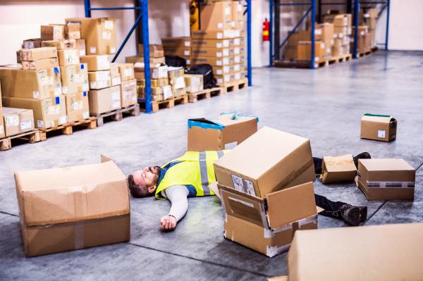 An accident in a warehouse. Man lying on the floor among boxes, unconscious.