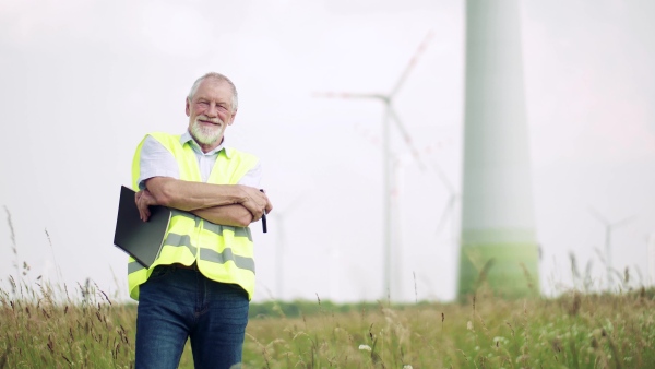 A senior engineer standing on a field on wind farm, looking at camera.