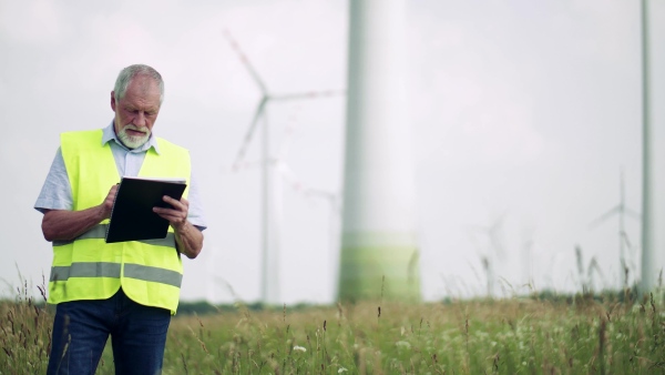 A senior engineer standing on a field on wind farm, working.