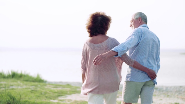 A rear view of senior couple on a holiday on a walk by the lake, walking.