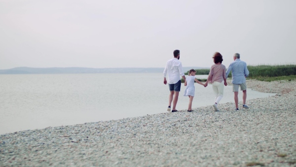 A rear view of multigeneration family on a holiday walking by the lake, holding hands.