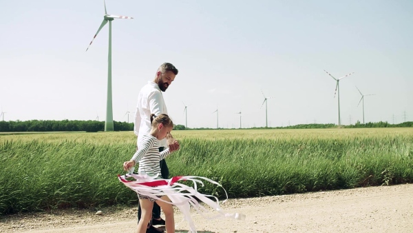 A mature father with small daughter on field on wind farm, walking.Slow motion.