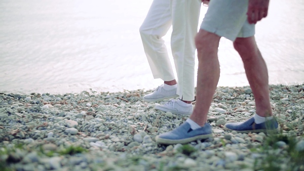 A midsection of senior couple on a holiday on a walk by the lake. Slow motion.