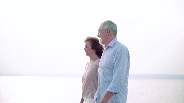 Rear view of senior couple on a holiday on a walk by the lake, walking. Slow motion.