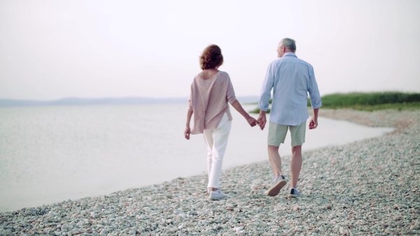 Rear view of senior couple on a holiday on a walk by the lake, walking. Slow motion.