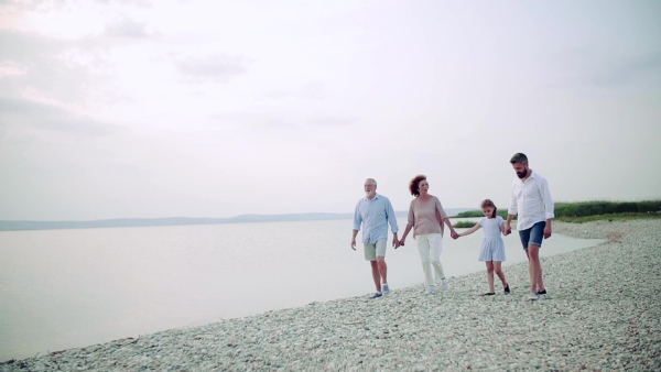 A multigeneration family on a holiday walking by the lake, holding hands. Slow motion.