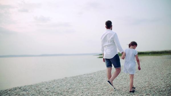 A rear view of mature father and small daughter on a holiday walking by the lake or sea. Slow motion.