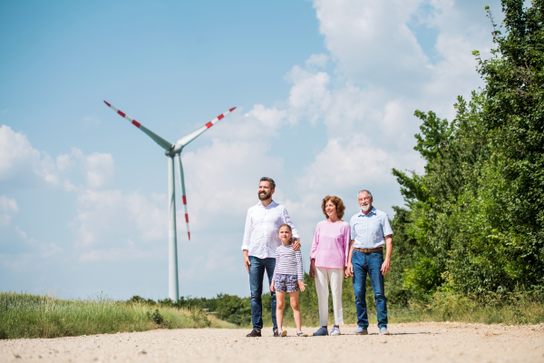 A front view of multigeneration family walking on field on wind farm.