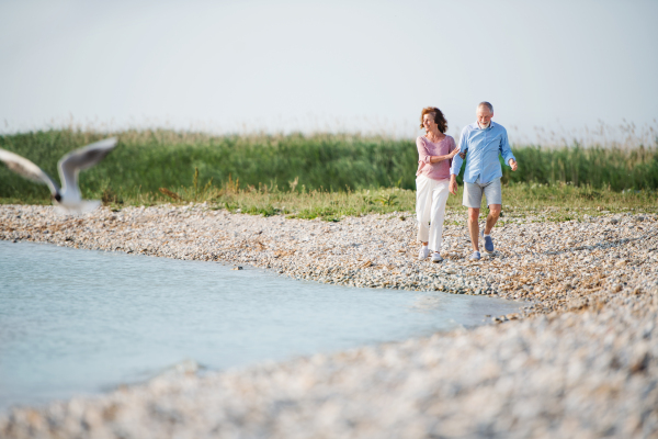 A senior couple on a holiday walking by the lake. Copy space.