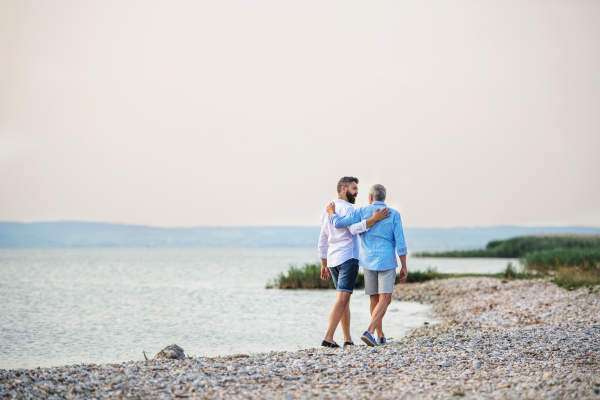 A rear view of senior father and mature son walking by the lake. Copy space.