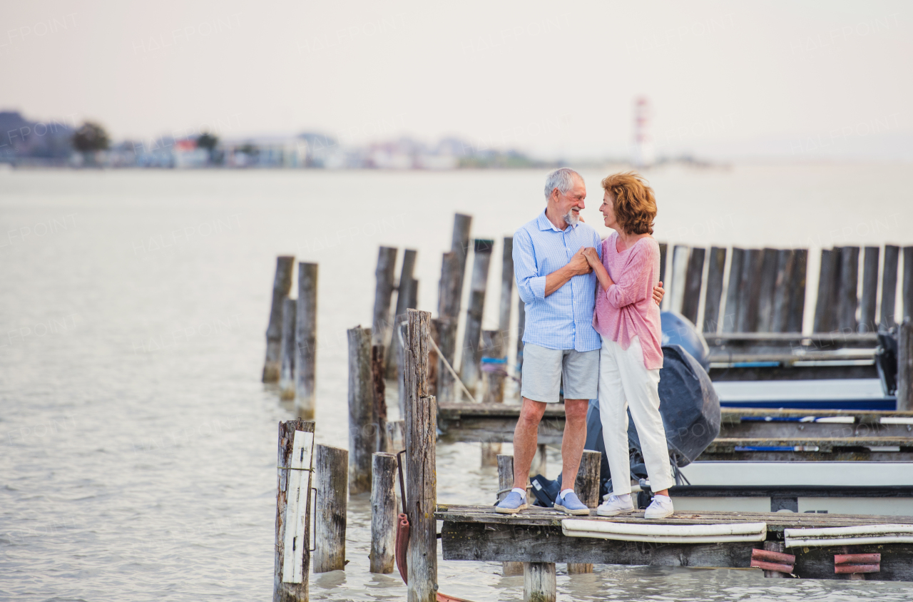 Senior couple in love on a holiday standing by the lake, talking.