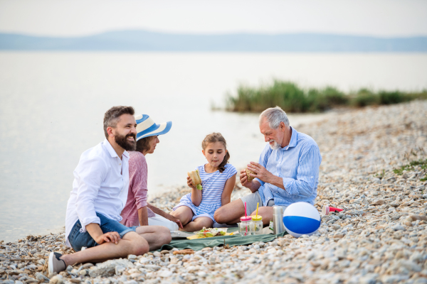 A multigeneration family on a holiday by the lake, having picnic.