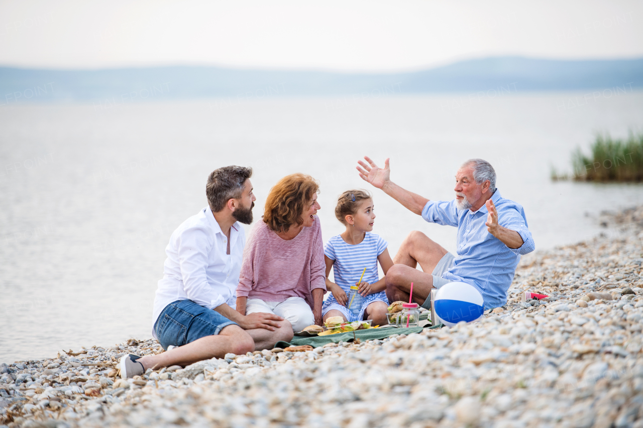 A multigeneration family on a holiday by the lake, having picnic.