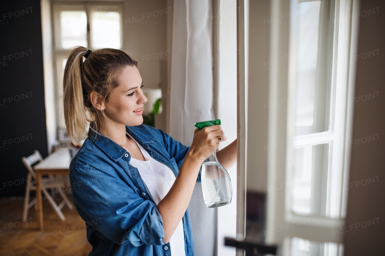 A young woman standing indoors at home, cleaning windows.