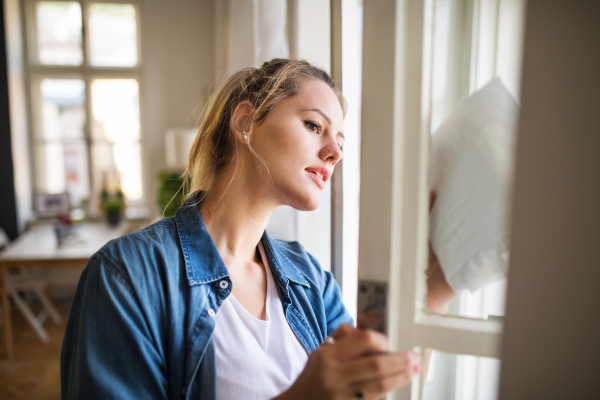 A young woman indoors at home, cleaning window.