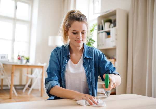 Front view of young woman indoors at home, cleaning table.