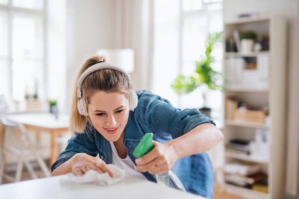 Happy young woman with headphones indoors at home, cleaning.