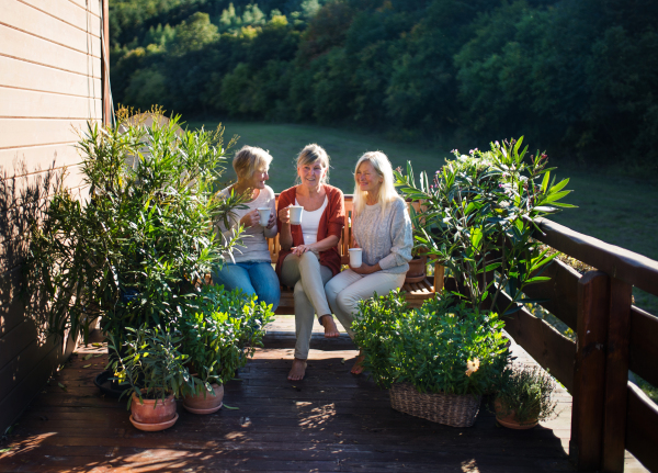 Group of senior women friends sitting outdoors on terrace, resting.