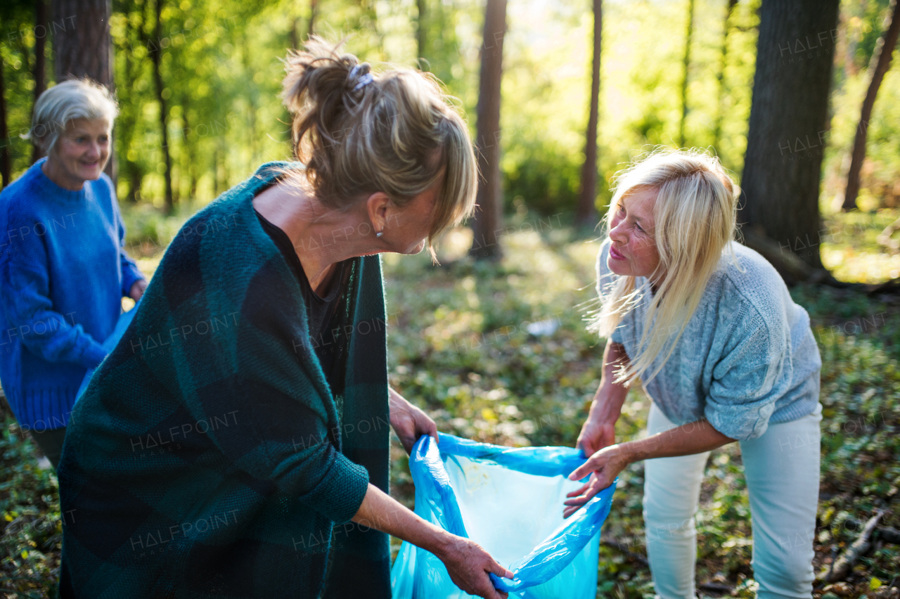 Group of senior women friends picking up litter outdoors in forest, a plogging concept.