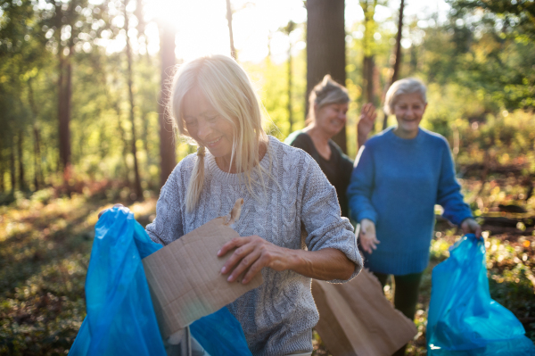 Group of senior women friends picking up litter outdoors in forest, a plogging concept.